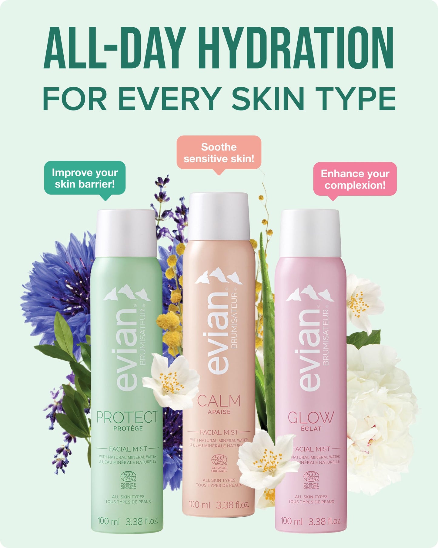 Evian Calm Facial Mist | Hydrating Mineral Water Face Spray with Aloe & Jasmine | Calming Toner Mist for Sensitive Skin | Travel Facial Spray to Hydrate, Refresh, & Calm Skin Anytime