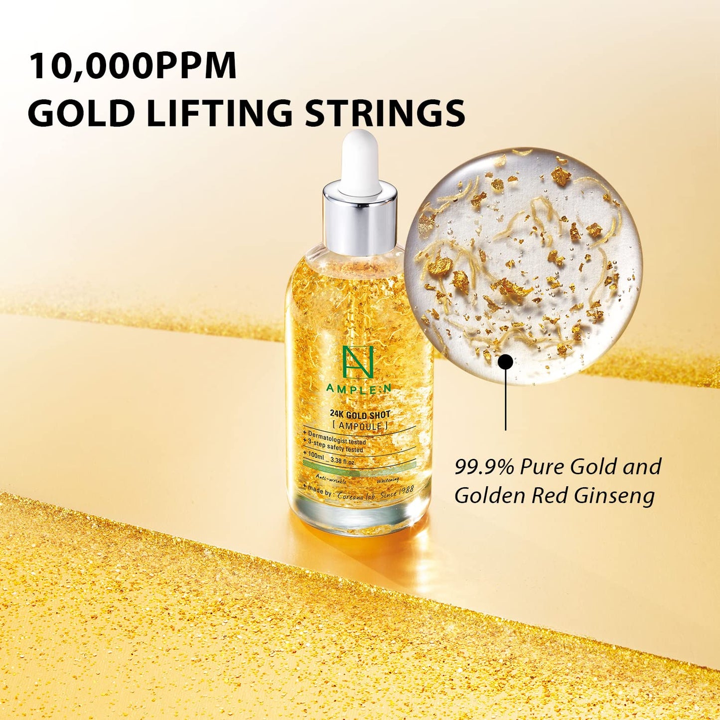 AMPLE:N 24k Gold Shot Serum - Korean 24K Gold Anti Aging Serum – Erasing Wrinkles and Fine Lines with Collagen & Peptides – Evens Skin Tone for Dull and Saggy Skin - 3.38 fl.oz.