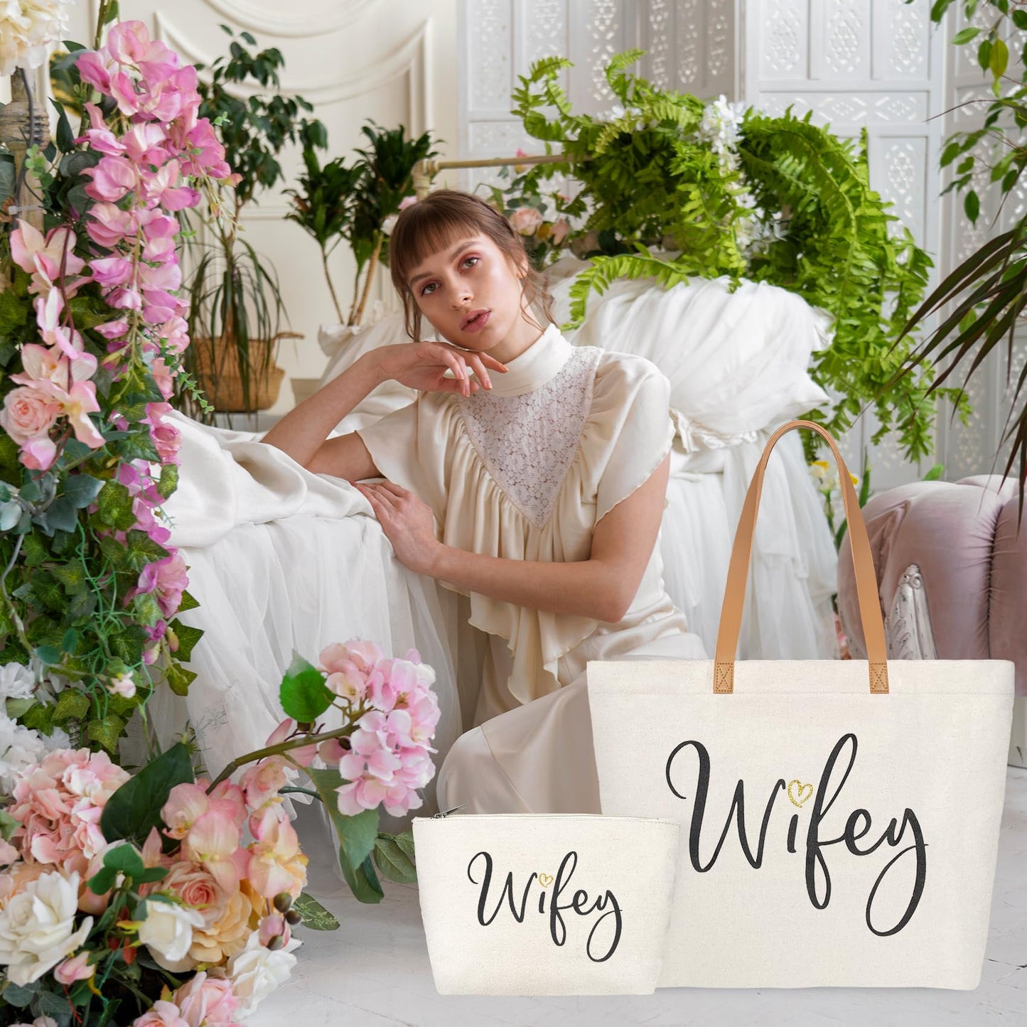 ELEGANTPARK Wifey Bag Wifey Gifts Wedding Gifts for Bride Bridal Shower Bachelorette Party Honeymoon Large Travel Shoulder Bag Canvas Totes with Zipper Set of 2