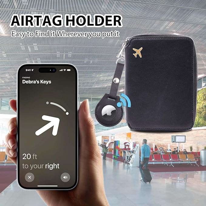 Cnycmy Passport Holder with Airtag,Passport-Wallet-Holder for Women, RFID Passport Holder with Slot Waterproof, PU Leather Travel Passport Case (Black3)