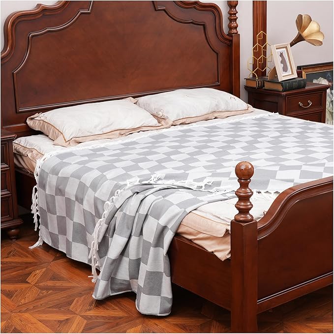 Breathable Bedspread Woven Blanket Extra Large Lightweight Soft Cooling Hot Sleeper Throw Tween Queen Full Size Quilt Thin Comforter Summer Ice Cold Sheet Bed Decor Bedroom Decorative Checkered Grey