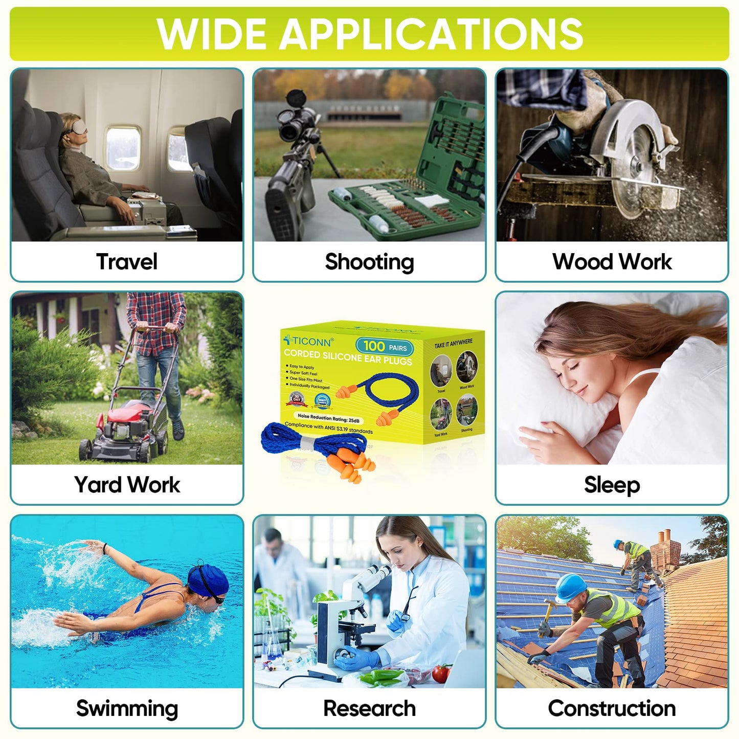 TICONN 12 Pairs Reusable Silicone Ear Plugs for Sleeping Noise Cancelling, 25dB NRR Corded Earplugs for Study Concentration Travel (12 Pairs)