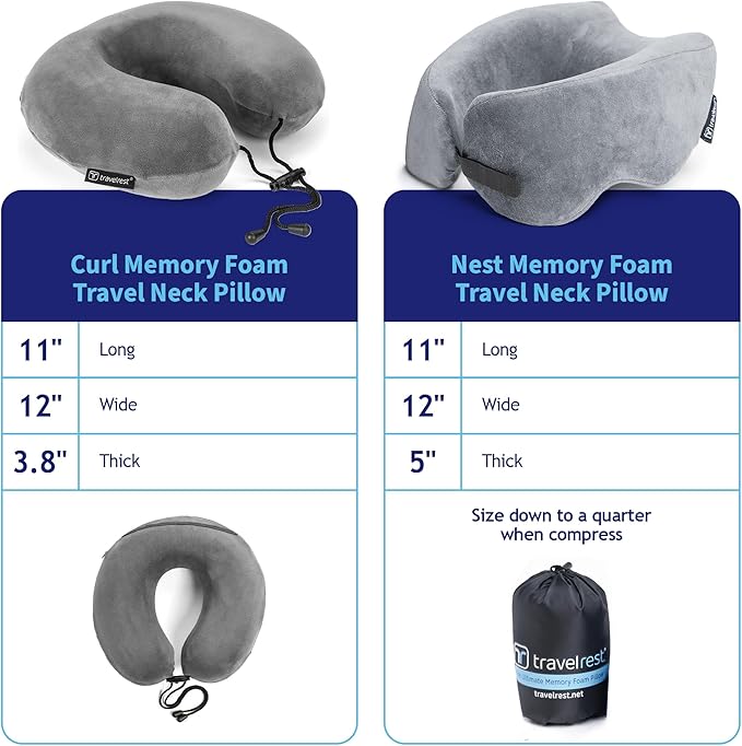 TRAVELREST Travel Essential Neck Pillow - Memory Foam, Washable Micro-Fiber Cover, Soft and Comfortable Head Support for Long Flights, Compact, Attaches to Luggage, Airplanes, Cars, Bus - (Grey, Curl)
