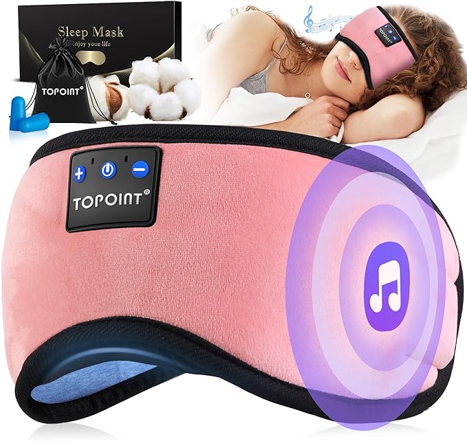 TOPOINT Sleep Mask Headphones Bluetooth 5.2 Wireless, Blackout Eye Mask for Women Men Sleeping Travel Meditation Gifts Cool Gadgets with Speakers Music,Microphone, Noise Canceling Ear Plugs, USB C