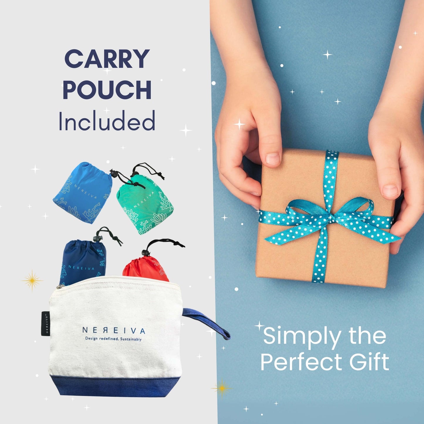 Nereiva 4 Pack Foldable Grocery Bags into Tiny Pouch - Large Capacity Multi-Color, Great for Travel, Durable, Washable Packable Shopping Bag, Comes with a carry pouch, Lightweight