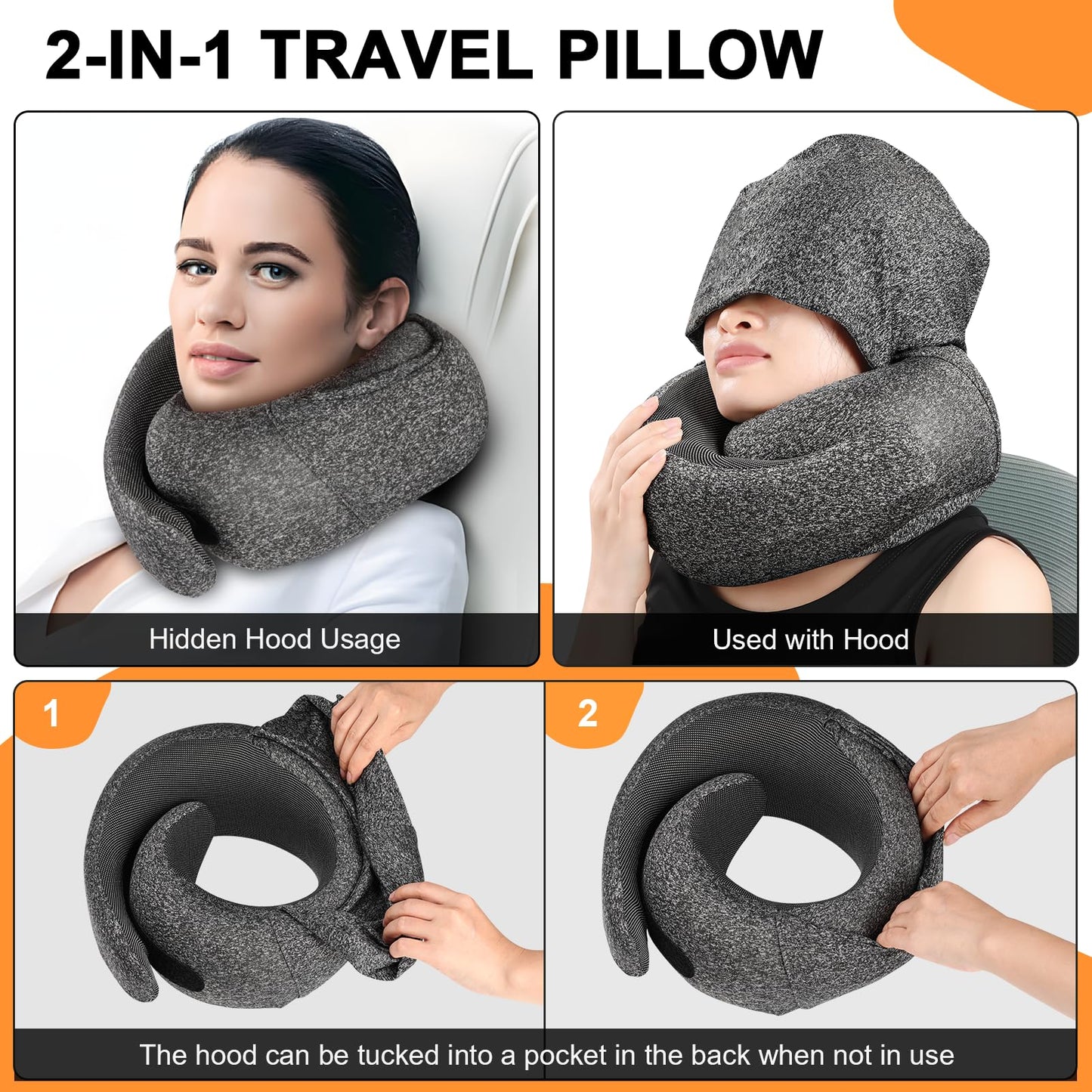Vzpeun Travel Pillow - Hooded Neck Pillow Airplane Memory Foam Filling for Plane, Office, Cars Sleeping, Road Trip, Long Flights, Portable Plane Accessories, Includes Eye Mask & Earplugs (Dark Gray)