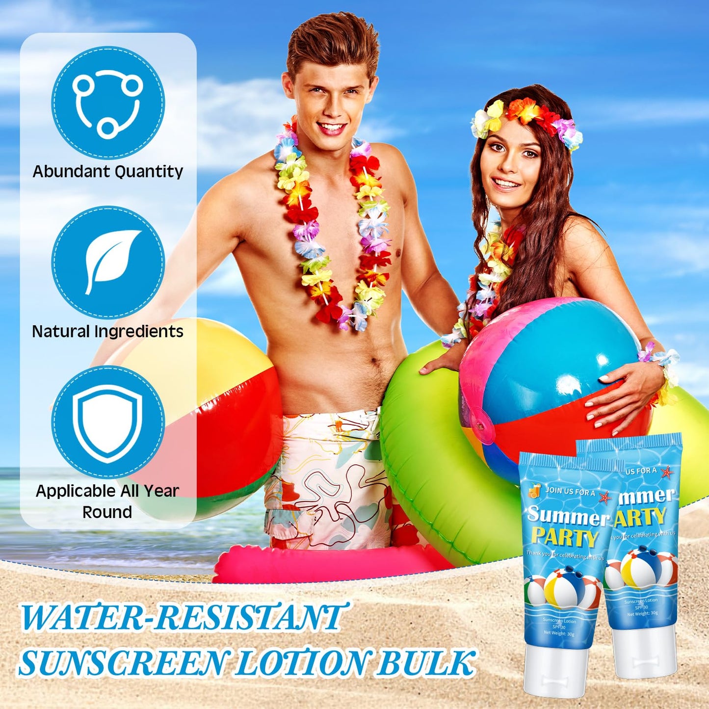 Dansib 24 Pcs Mini Sunscreen Bulk for Summer Wedding Party Spf 30 Water Resistant Sunscreen Lotion Bulk 1oz Travel Size for Thank You Gifts Wedding Party Supplies(White Cream,Beach Ball)
