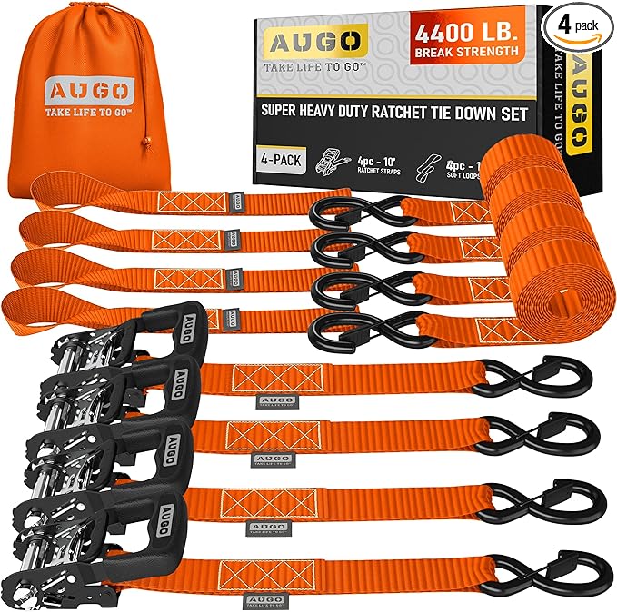 AUGO Heavy Duty Ratchet Straps & Soft Loops – Pack of 4 Extra Strong 1.5” by 10’ Ratchet Straps w/S-Hook Safety Latches & 4 Soft Loop Tie Downs – 4400Lb Break Strength for Motorcycles, ATVs, Etc.