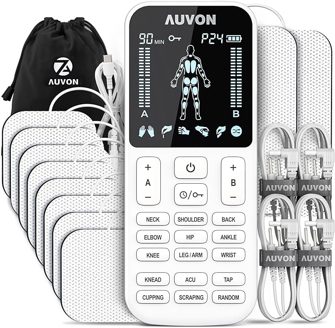 AUVON 4 Outputs TENS Unit Muscle Stimulator with 24 Modes & Intuitive Operation Design, FSA & HSA Eligible, TENS Machine with 10 TENS Pads, Electronic Pulse Massager for Back Pain Relief Therapy