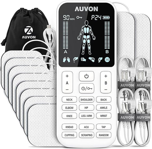 AUVON 4 Outputs TENS Unit Muscle Stimulator with 24 Modes & Intuitive Operation Design, FSA & HSA Eligible, TENS Machine with 10 TENS Pads, Electronic Pulse Massager for Back Pain Relief Therapy
