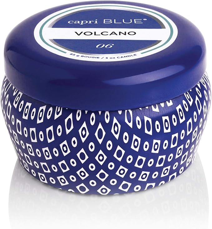 Capri Blue Volcano Scented Mini Tin Candle - Printed Mini Tin Jar Candle - Luxury Candles for Home Scented with Tropical Fruit & Sugared Citrus - Soy Candle Wax Blend - Blue Candle (3 oz)