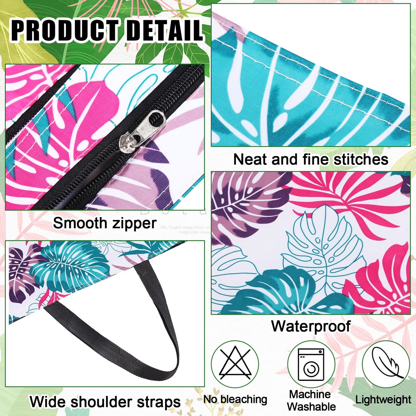 Cunno 8 Pcs Summer Reusable Shopping Bags for Groceries 13.78 x 17.72 x 4.72 Inch Beach Foldable Tote Bag with Zipper and Handles Large Capacity Waterproof Travel Tote Bags for Women Work Gym