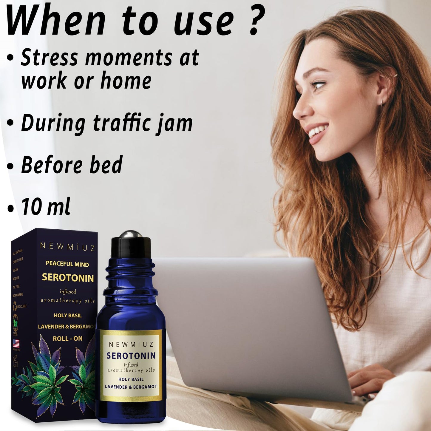 Calming Roll On Essential Oil Blend Anti Stress Roller Lavender Bergamot Holy Basil Destress Relief Gifts for Women Perfect Stocking Stuffers NEW MIUZ