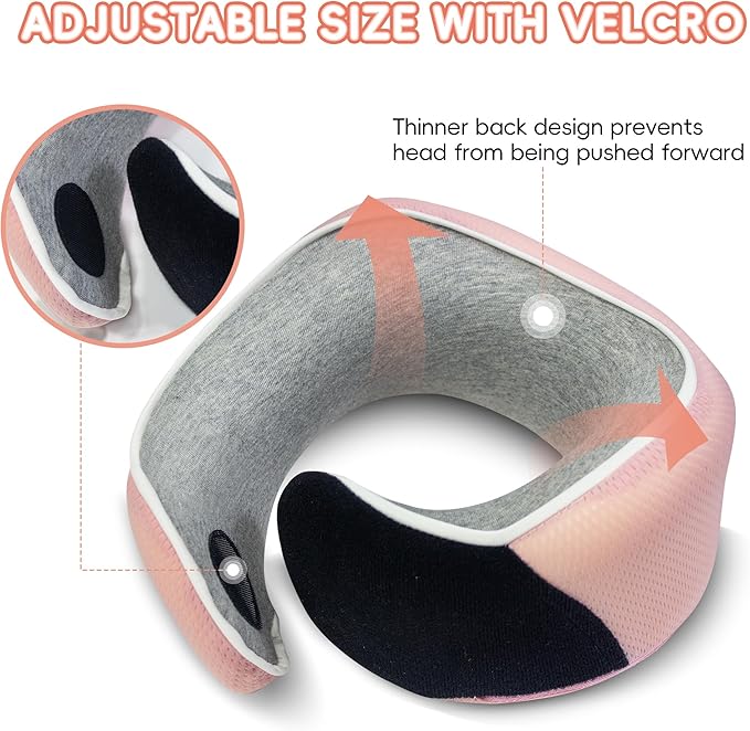 Junior Kids Travel Neck Pillow - Ergonomic Memory Foam Pillow for Airplane, Car, Booster Seat - Soft, Washable, Compact Travel Pillow with Strap - Light Pink - Ages 4-13