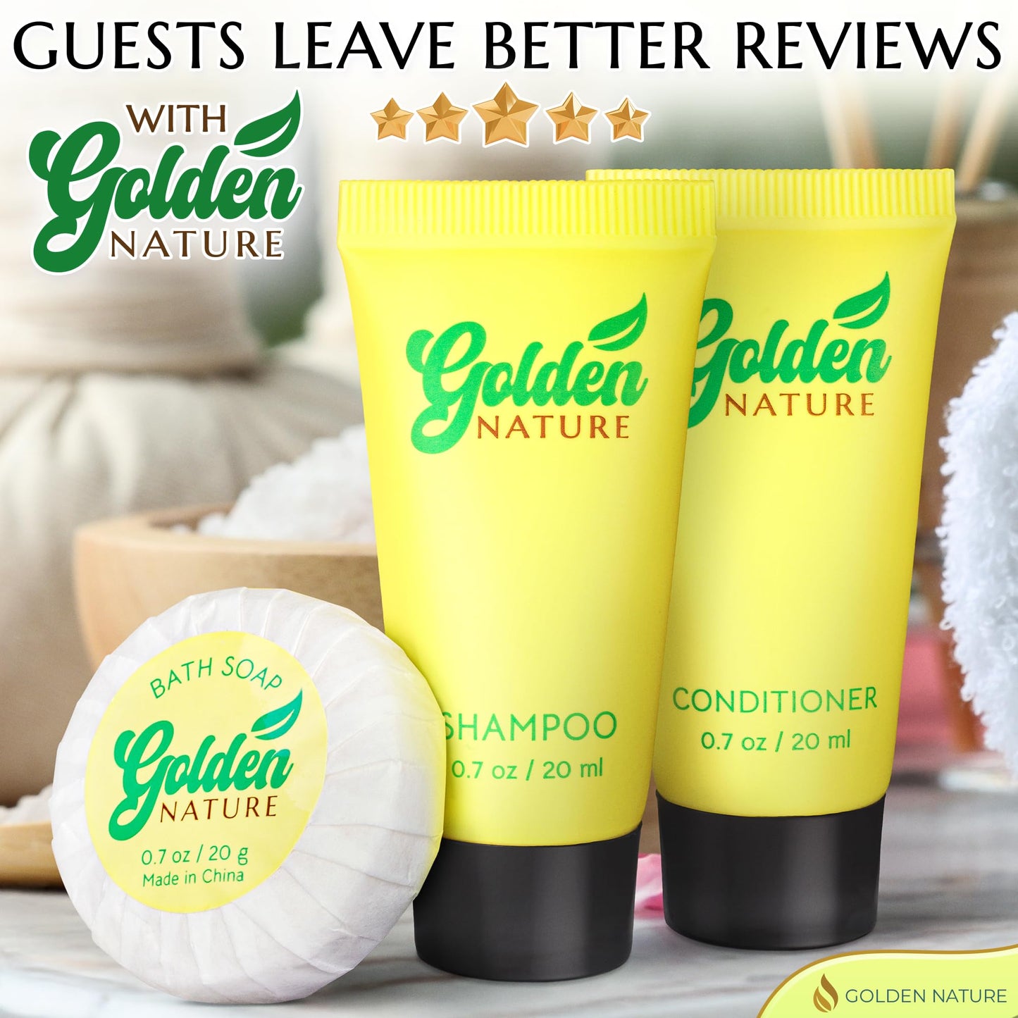 Golden Nature - Travel Size Soap, Shampoo & Conditioner Set - Jasmine, 0.7 oz each, 150 Pcs - 3-Piece Kit: 50 Round Bar Soap, 50 Shampoo & 50 Conditioner - Bulk Small Size Luxury Toiletries