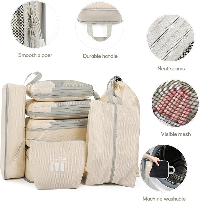 Compression Packing Cubes 8 Set, Dual Zipper Compression Packing Cubes for Travel, See-Through Mesh Packing Bags for Suitcases, packing cubes with shoe bag (Beige)
