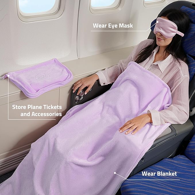 Travel Blanket, 3-in-1 Ultra-Soft, Warm & Lightweight Travel Blanket Airplane with Bag, 65x40 in, Airplane Travel Essentials for Women, Men & Kids with Eye Mask, Luggage Sleeve & Backpack Clip