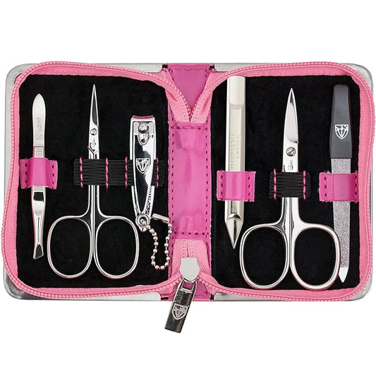 3 Swords Germany - brand quality 6 piece manicure pedicure kit set for professional finger & toe nail care with synthetic leather case - Made in Germany - pink