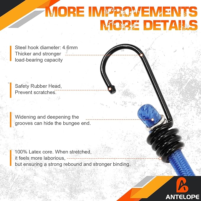 A ANTELOPE 36" Bungee Cords with Hooks, Pack of 8 Premium Heavy Duty Rubber with Strong Elastic Cords for Outdoor Tent, Luggage Rack, Camping, Cargo, RV, Bicycle, Transportation (Blue)