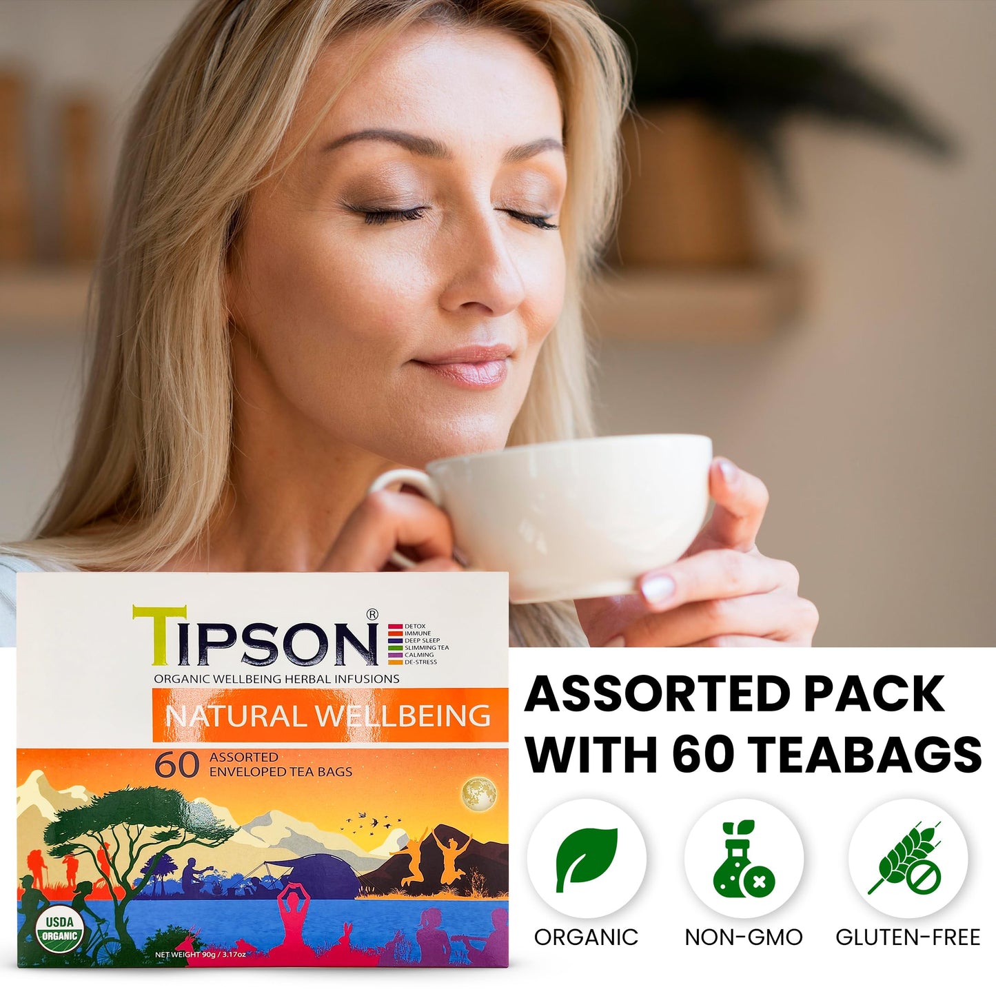 Tipson Natural Wellbeing Variety Sampler - 6 Flavors | 6 Benefits (60 Tea Bags), Herbal Tea Infusions - USDA Organic, Non GMO, and Gluten Free