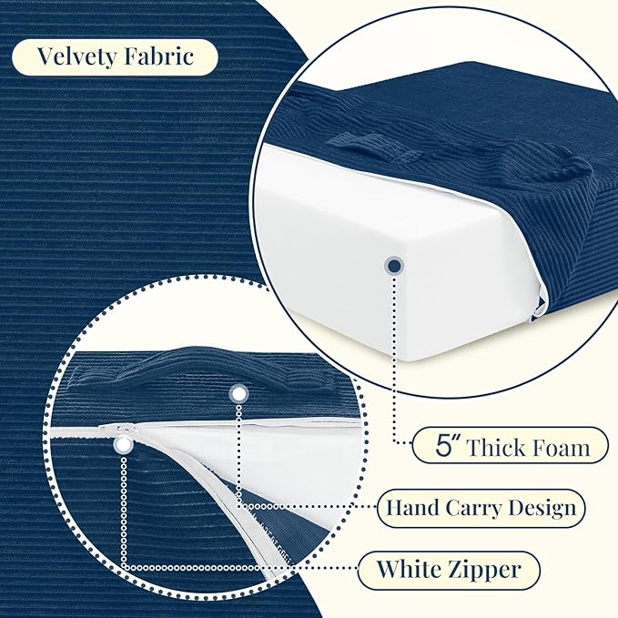 Wellsin Solid Square Floor Pillows for Adults Kids - Large Meditation Floor Pillow Seating Cushion with Thick Foam & Washable Velvet Cover, 2 Pack, 22x22x5 Inch, Dark Blue