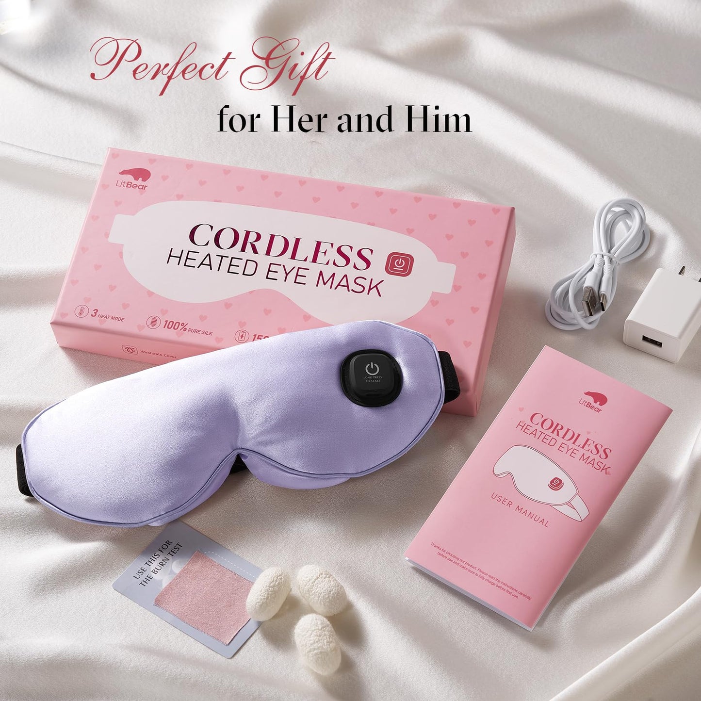 LitBear Heated Eye Mask, Silk Cordless Warm Eye Compress for Dry Eyes, Light Blocking Heat Eye Mask for Women Men, Soft Eye Heating Pad for Dry Eyes, Travel, Rechargeable, Washable Cover (Purple)