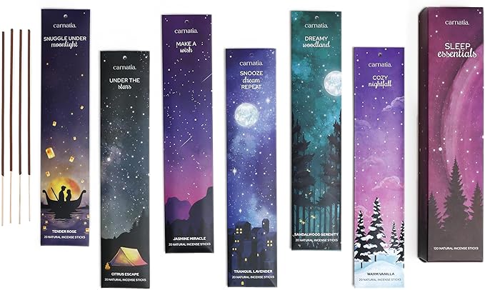 Carnatia Sleep Essentials Incense Sticks – Set of 6 Relaxing Scents for Deep Sleep, Stress Relief & Calm | Natural, Slow-Burning Aromatherapy for Restful Nights, Better Sleep & Evening Rituals!