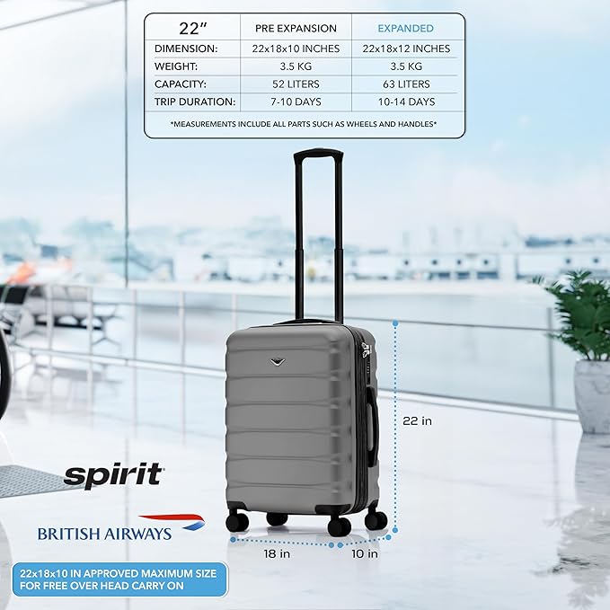 Carry On Suitcase Hardside TSA Lock & USB Port Silent Double Spinner Wheels Maximum Overhead Carry-On Bag Approved For Many Airlines( 22x18x10" ,Charcoal )