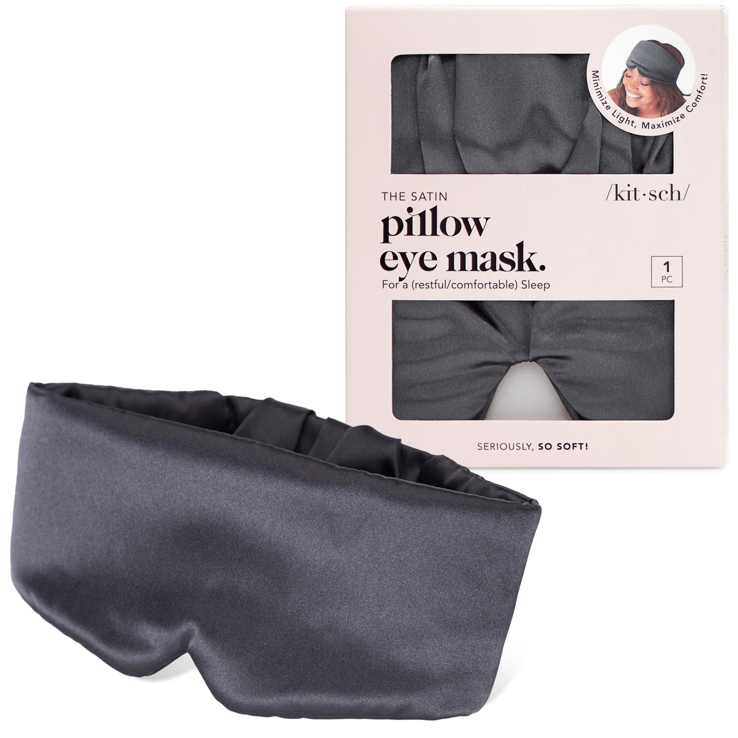 Kitsch Satin Sleep Mask - Eye Mask for Sleep, Softer Than Silk Satin Sleeping Mask Blindfold and Sleep Masks for Women and Men, Eye Care Travel Essentials - Charcoal Black