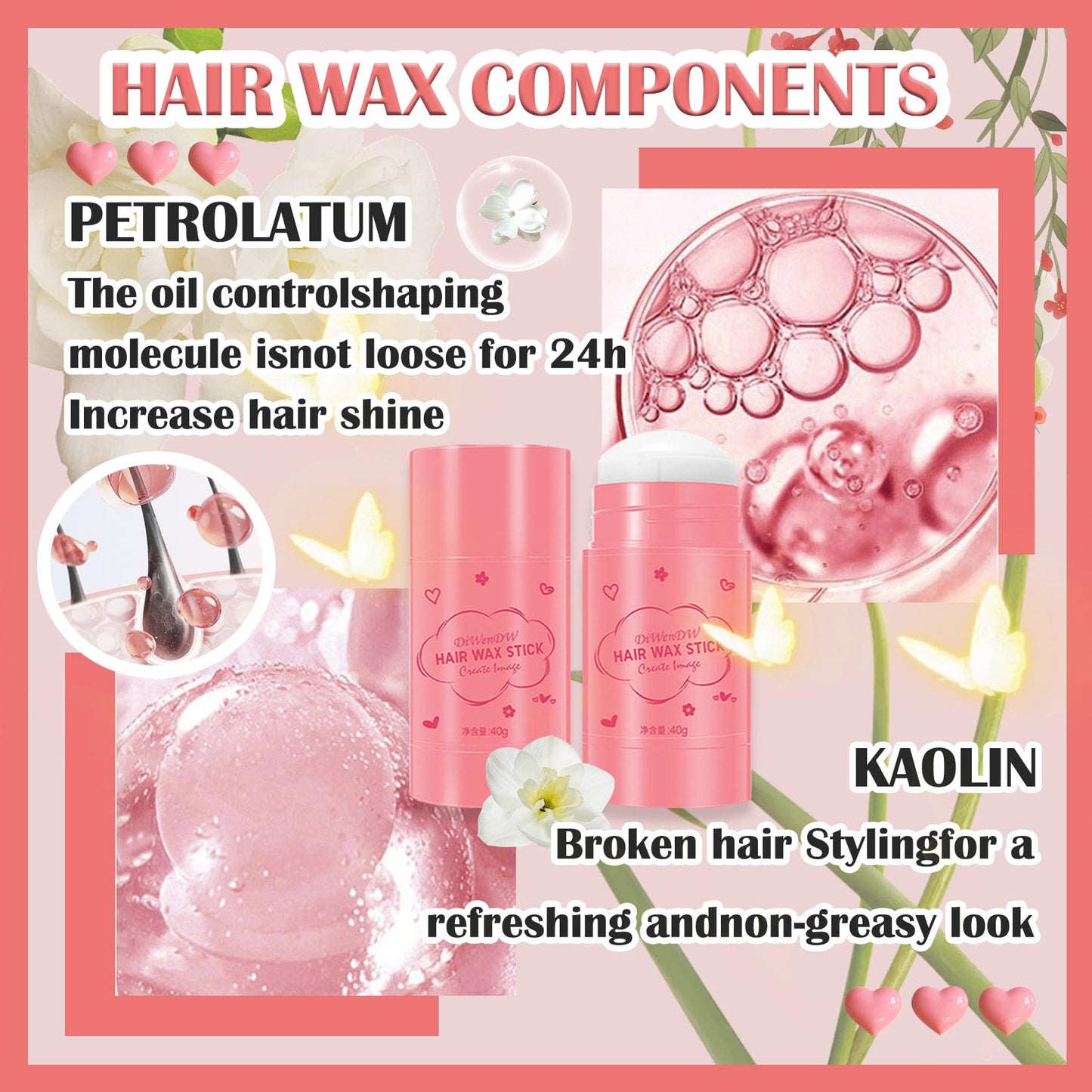 Hair Wax Stick & Hair Styling Combs Set 4 Pcs,Moisturizing Non-Greasy Hair Styling Wax Stick for Edge Control on Wigs And Hair,Lightweight Hair Slick Balm Stick for Flyaways Edge Frizz Hair