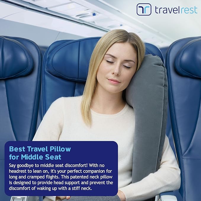 TRAVELREST Ultimate Inflatable Travel Neck & Body Pillow - Travel Essentials, Comfort and Upper Body Support, Airplane Neck Pillow for Long Flight, Straps to Airplane Seat & Car, for All Ages - Grey