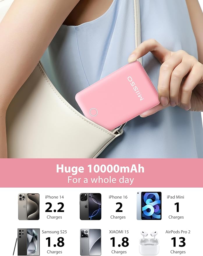 10000mAh Compatible with iPhone 15/16/17 (Only) Slim Portable Charger with Built in Cable, Power Bank Travel Charger External Battery Pack for Phone, 3 Output USB Type C Cord Clutch Charger, Pink