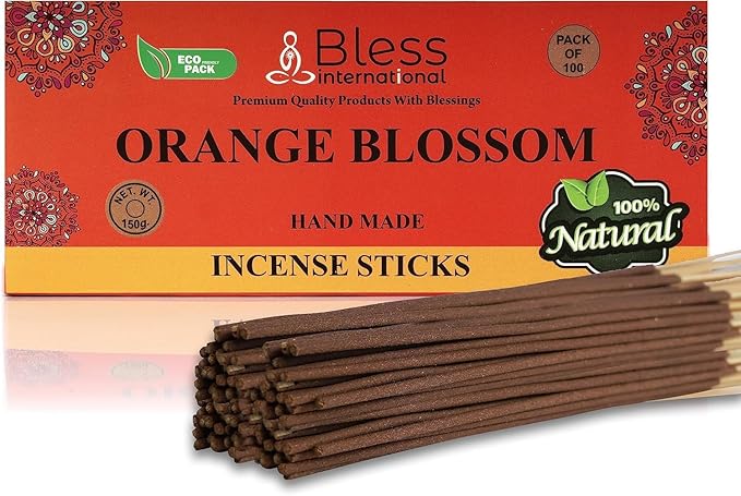 Bless-Orange-Blossom 100%-Natural-Handmade-Hand-Dipped-Incense-Sticks Organic-Chemicals-Charcoal-Free Purification-Relaxation-Positivity-Yoga-Meditation Best-Woods-Scent (100 Sticks(5.25 OZ))