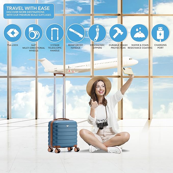 Carry On Suitcase Hardside TSA Lock & USB Port Silent Double Spinner Wheels Maximum Underseat Carry-On Bag For Virgin & South West Approved Airlines( 16.25x13.5x8" ,Blue/Tan )