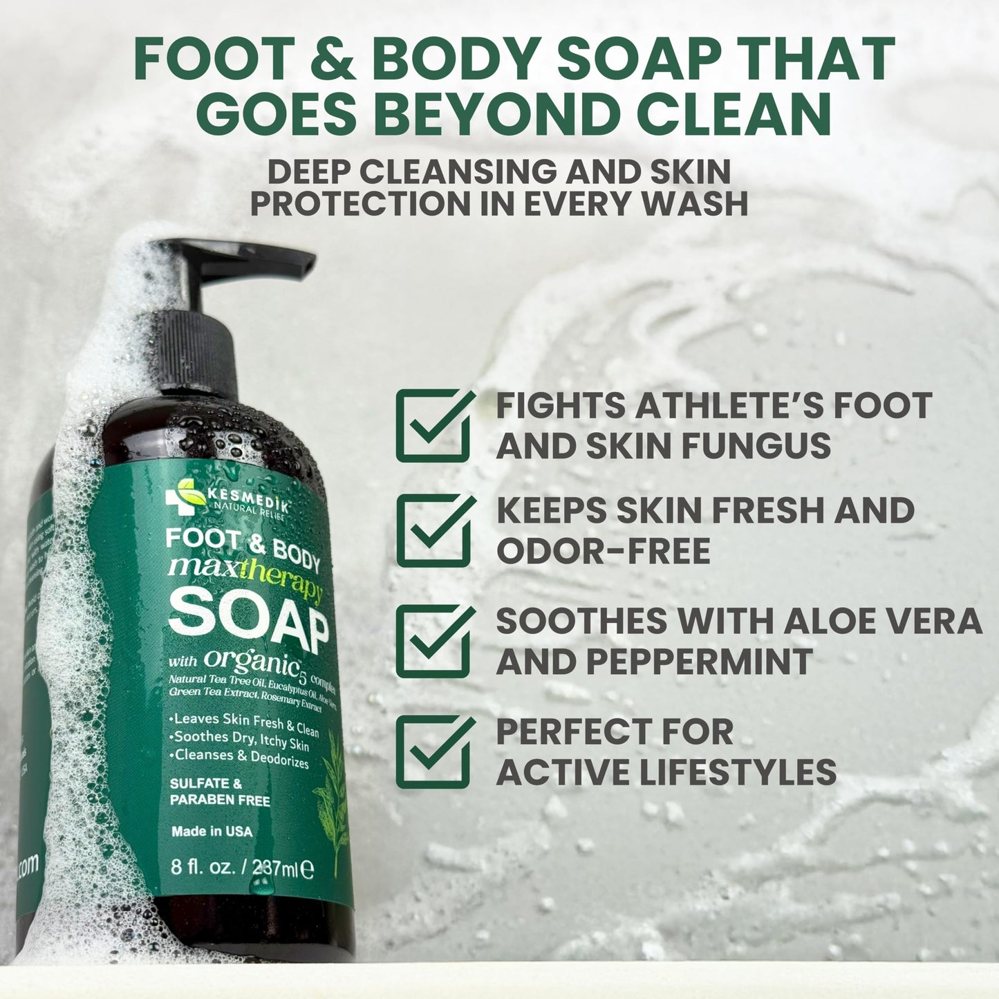 KESMEDIK Tea Tree Oil Foot & Body Soap for Deep Cleansing, Anti Itch Body Wash, Fights Body Odor, Soothes Jock Itch, Athlete's Foot, Ringworm & Acne-Prone Skin.