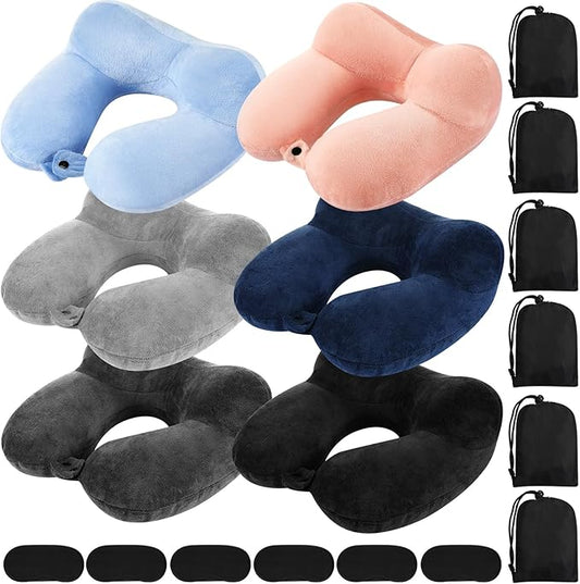 Sintuff 6 Pcs Inflatable Travel Pillow for Airplanes with Compact Bag and Blindfold Soft Velvet Inflatable Neck Pillows for Traveling, Airplane, Train, Car, Office (6 Colors)