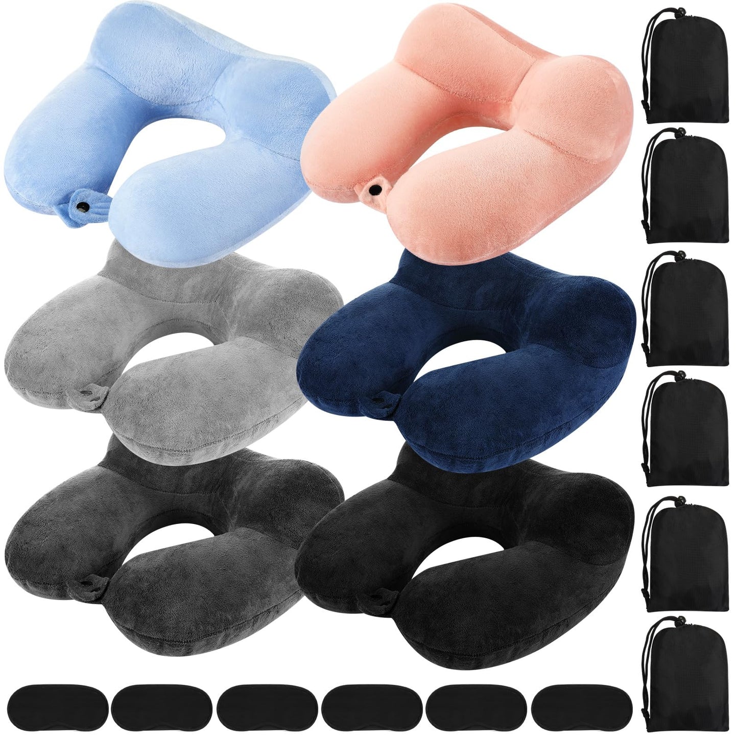 Sintuff 6 Pcs Inflatable Travel Pillow for Airplanes with Compact Bag and Blindfold Soft Velvet Inflatable Neck Pillows for Traveling, Airplane, Train, Car, Office (6 Colors)