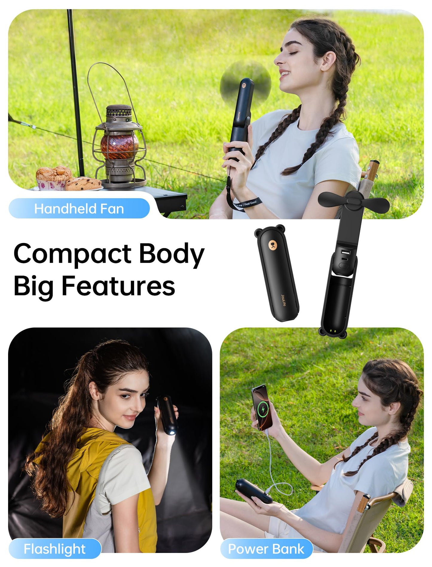 JISULIFE Handheld Fan with 4500 mAh Powerbank Max 37 Hours Runtime, Pocket Portable Battery Operated or USB Powered Folding Personal Fan, 3 Speeds, Gifts for Women Men Kids Gift for Festival-Black