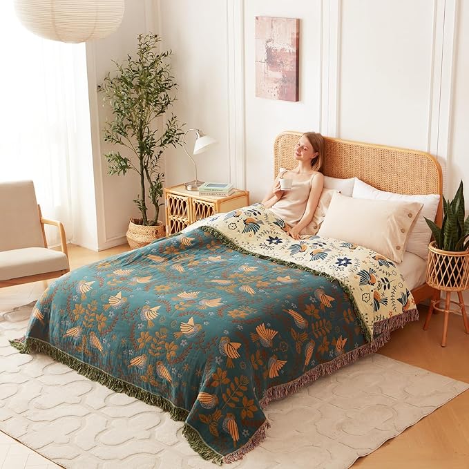 King Throw Blanket for Bed 100% Cotton Boho Ultra Soft Rustic Quilt Birds and Floral Double Embroider Fall King Bed Blanket,90"×108" All Season Blankets for Bedding Couch