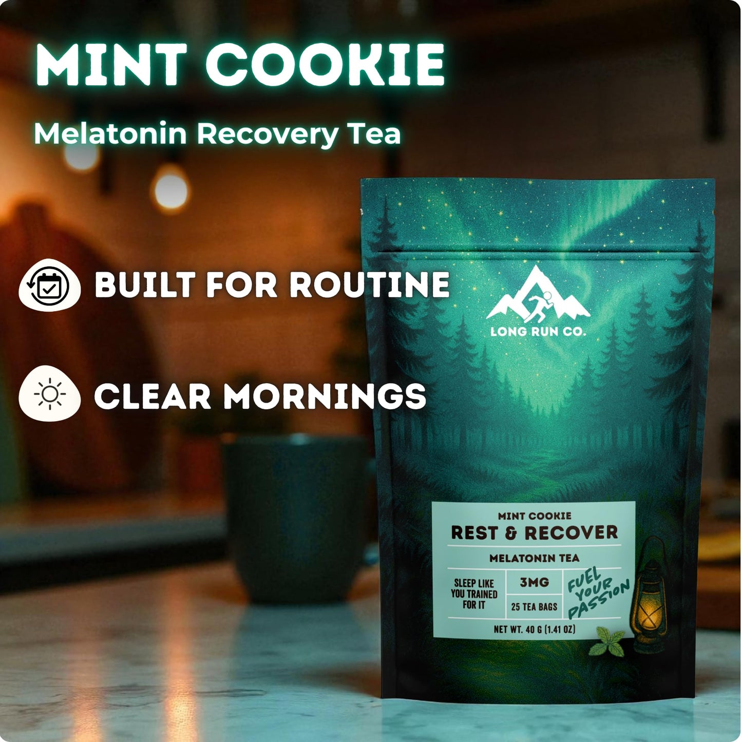 Rest &  Recover Sleep Tea by Long Run Co. – Caffeine‑Free Herbal Tea with Melatonin (25 Tea Bags) – All Natural, Better Sleep & Recovery, Wake Up Refreshed [3mg Melatonin, Mint Cookie]