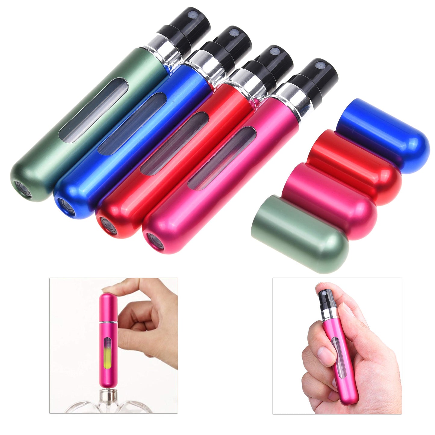 Kare & Kind 4x Mini Perfume Atomizer Bottles - Refillable Pump Spray Cases - Stainless Outer Shell with Transparent Glass Vial - For Perfumes, Body Sprays, Facial Mists, Oils - (Green/Blue/Pink/Red)