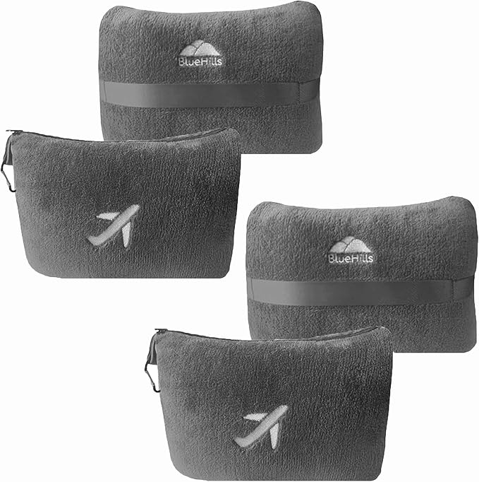 BlueHills Premium 2 Pack Travel Blanket Pillow in Mini Soft Case Plush Airplane Blanket in Bag Compact Luggage Belt Plane Pillows Gifts Long Flight Blankets Essentials Gray M21