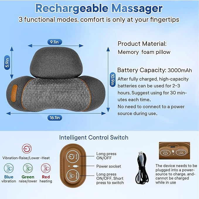 Neck Massager Pillow, Fisiorest 3-in-1 Neck Massager, Travel Neck Massage Pillow for Shoulder Pain Relief, Deep Tissue Pain with Heat and Traction, Neck Hump Corrector for Women,Memory Foam