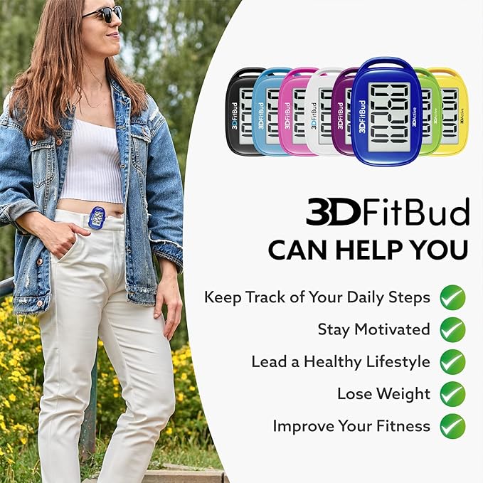 3DFitBud Simple Step Counter Walking 3D Pedometer by 3DActive with Clip, Lanyard Accurate Fitness Tracker for Men, Women & Elderly Daily Exercise - A420S