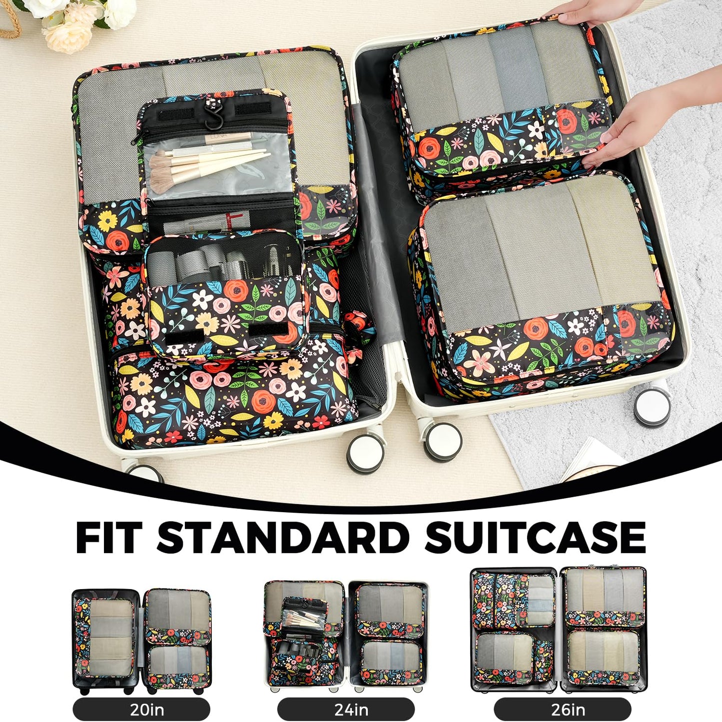 BAGAIL 9 Set Packing Cubes Luggage Packing Organizers for Travel Accessories (Black floral)