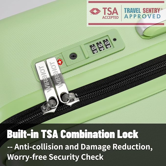 2 Piece Luggage Sets with Spinner Wheels Front Open Pocket, ABS+PC Suitcase with TSA Lock & YKK Zipper, Carry On 20/24 inch Medium +Toiletry Bag+Handbag, Light Avocado Green