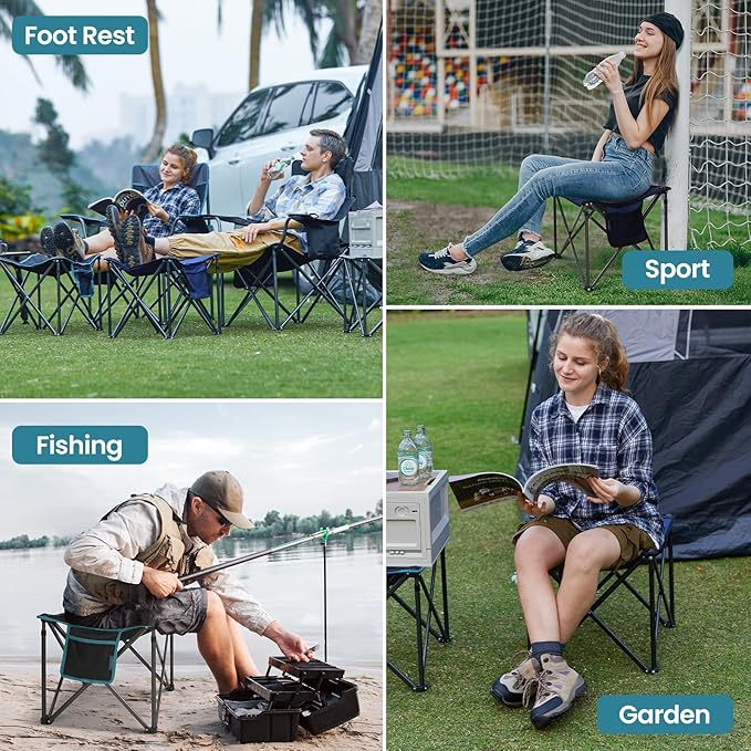FUNDANGO Folding Camping Stool, 18.1 Inch Oversized Foot Rest 440 Lbs Heavy Duty Portable Padded Stools Seat Anti-Slip Foots & Carry Strap for Fishing Outdoor Lawn Travel (Black)