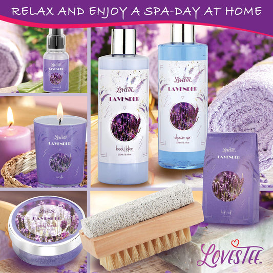Monthers Day Gifts, Relaxing Lavender Spa Gift Baskets for Wome Birthday, Bath and Body Set-Kit Includes Candle, Essential Oil, Body Scrub, Bath Salt, Body Lotion, Shower Gel and Body Scrub Brush