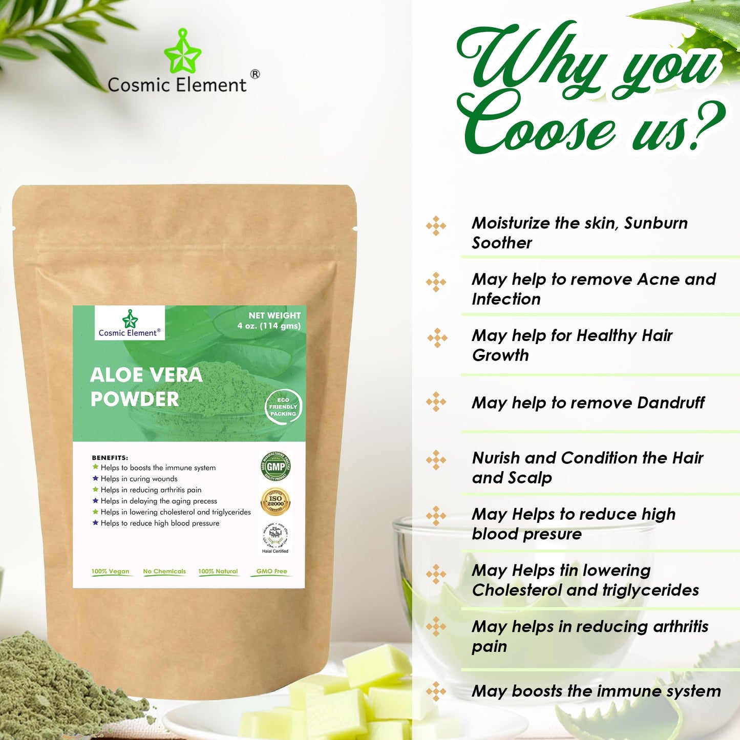 Cosmic Element Organic Aloe Vera Powder - 100% Pure Leaf Gel | Hydrating After Sun Care, Moisturizing for Face, Body & Skin | Ideal for Sun Burn, Acne, and Dry Skin - Aloe Vera Powder for Hair - 4 oz