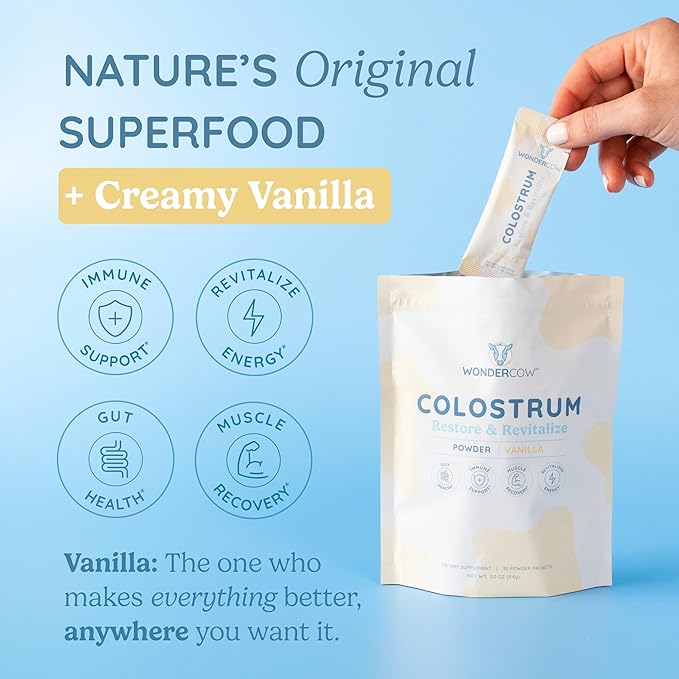 Colostrum Supplement Powder for Gut Health, Immune Support, Muscle Recovery & Wellness | Natural IgG Pure Whole Bovine Colostrum Superfood, Vanilla, 30 Servings